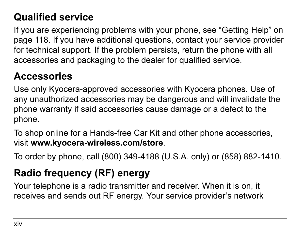 Qualified service, Accessories, Radio frequency (rf) energy | Kyocera 3245 User Manual | Page 14 / 146