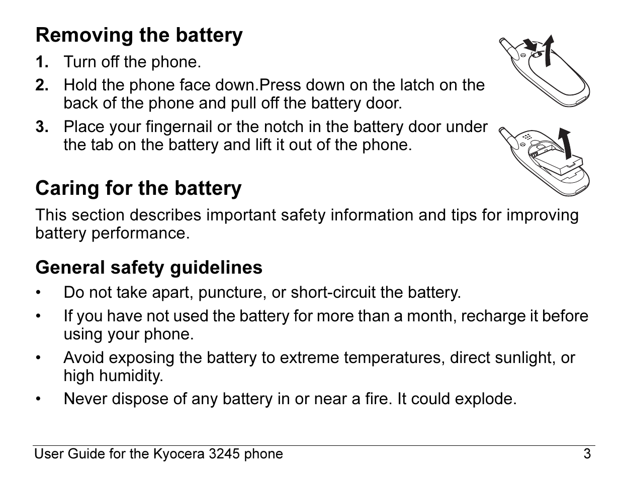 Removing the battery, Caring for the battery | Kyocera 3245 User Manual | Page 23 / 146