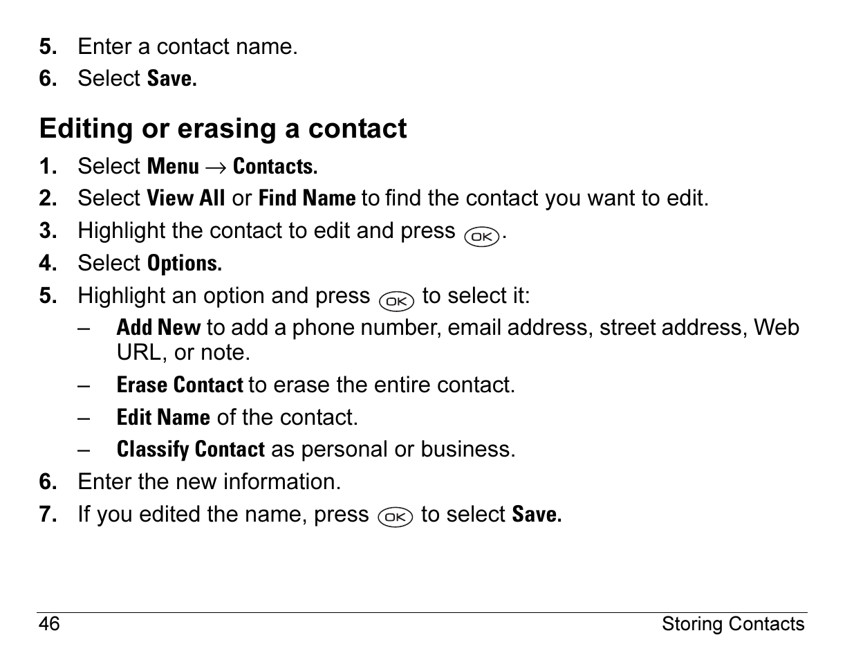 Editing or erasing a contact | Kyocera 3245 User Manual | Page 66 / 146