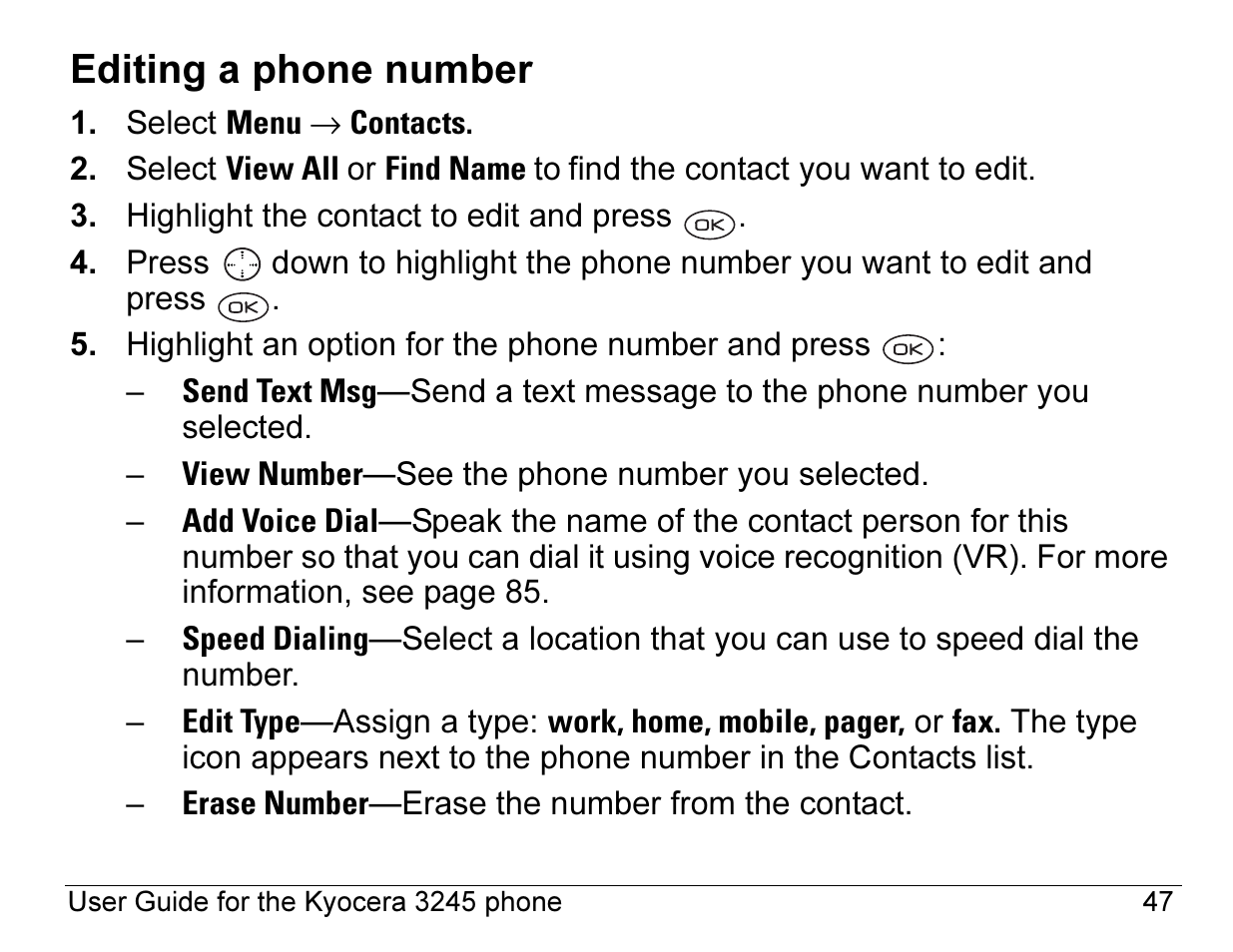 Editing a phone number | Kyocera 3245 User Manual | Page 67 / 146