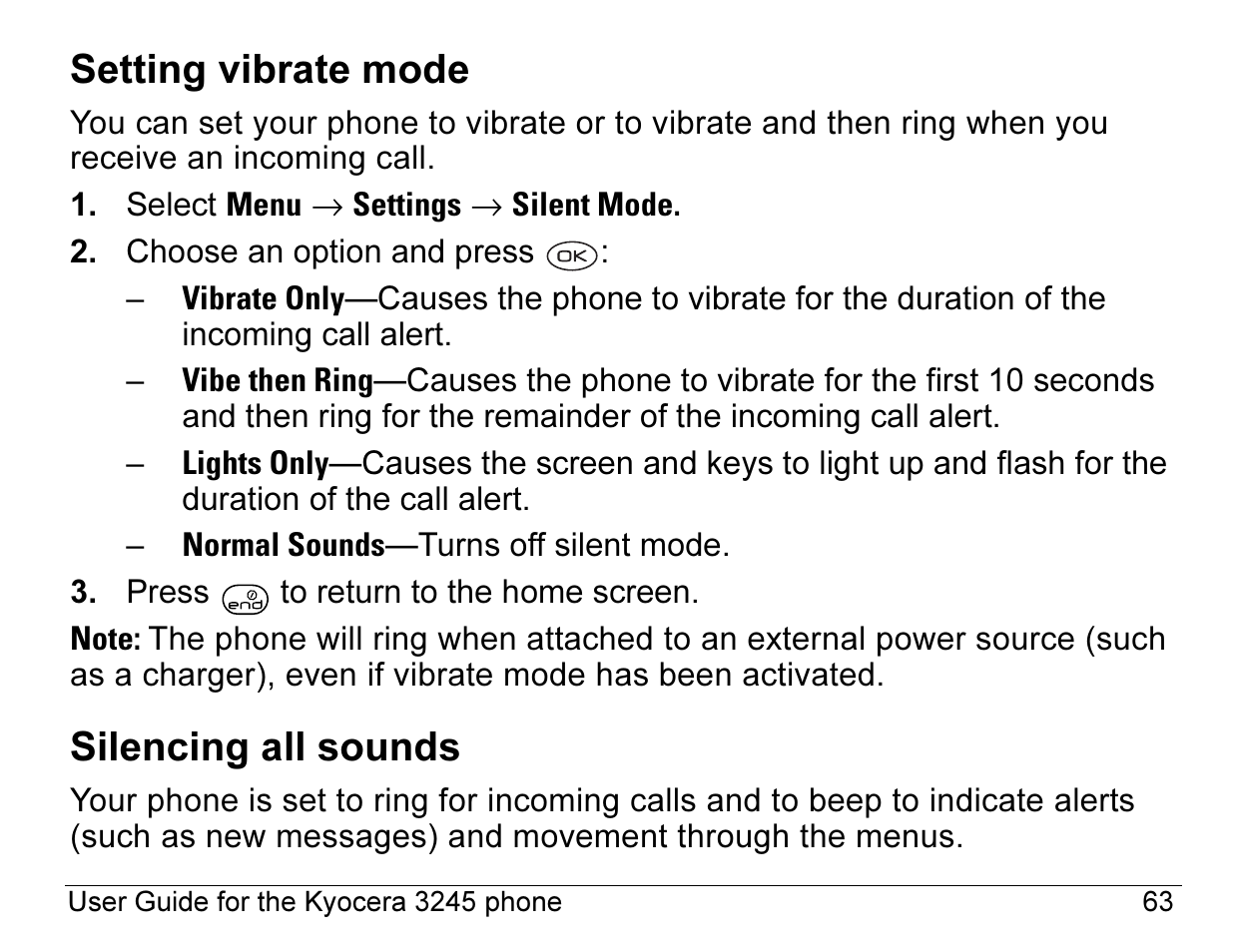 Setting vibrate mode, Silencing all sounds | Kyocera 3245 User Manual | Page 83 / 146