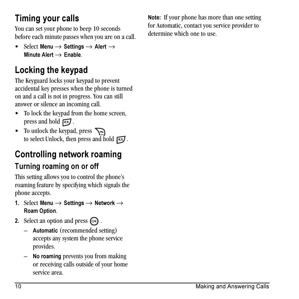 Timing your calls, Locking the keypad, Controlling network roaming | Turning roaming on or off | Kyocera Topaz 901 User Manual | Page 16 / 40