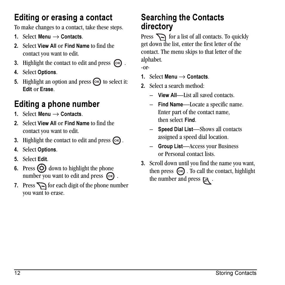 Editing or erasing a contact, Editing a phone number, Searching the contacts directory | Kyocera Topaz 901 User Manual | Page 18 / 40