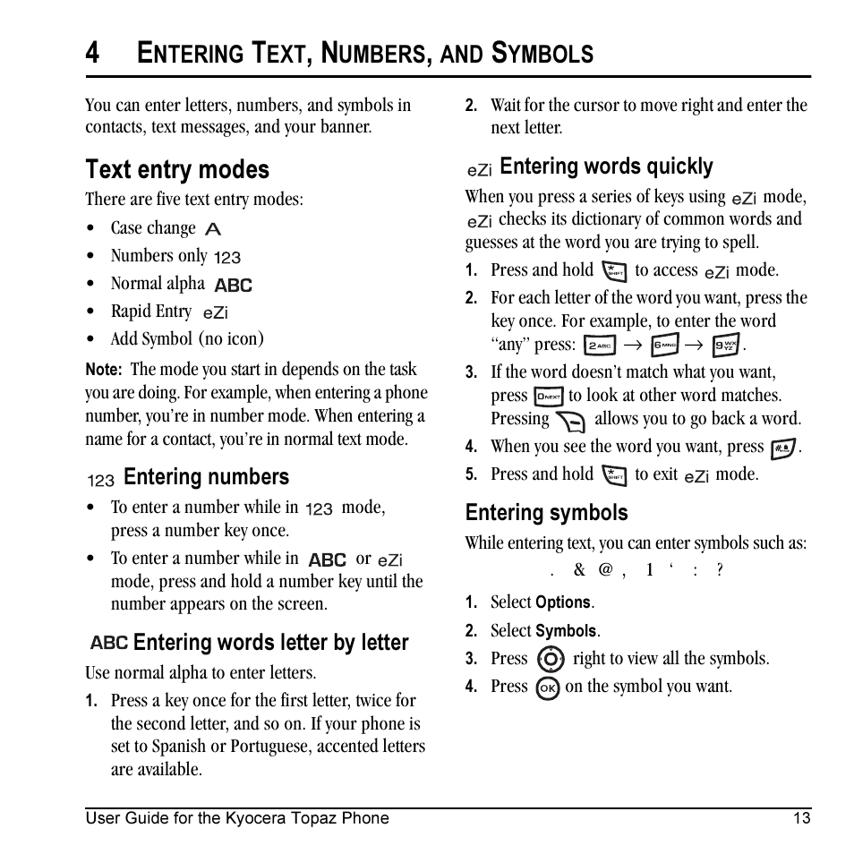 Text entry modes, Ntering, Umbers | Ymbols | Kyocera Topaz 901 User Manual | Page 19 / 40