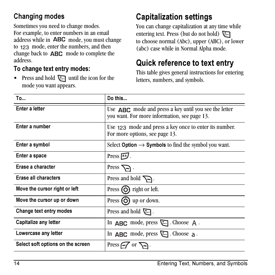 Capitalization settings, Quick reference to text entry, Changing modes | Kyocera Topaz 901 User Manual | Page 20 / 40