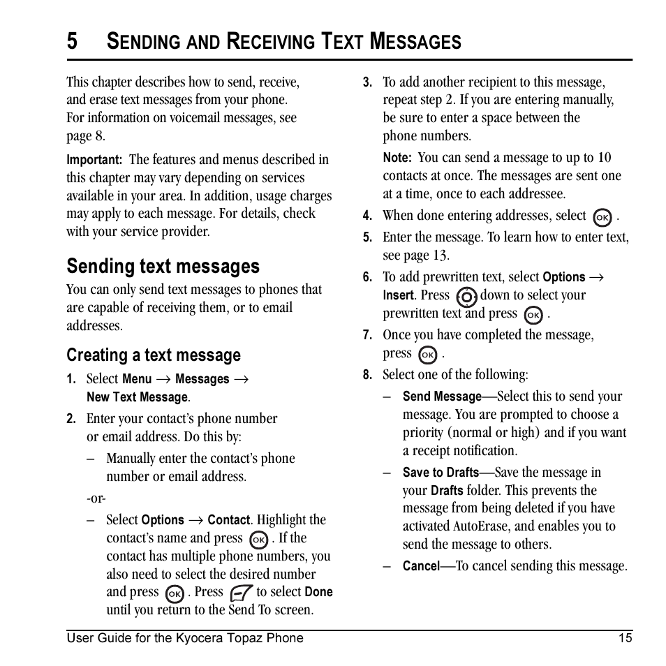 Sending text messages, Ending, Eceiving | Essages, Creating a text message | Kyocera Topaz 901 User Manual | Page 21 / 40
