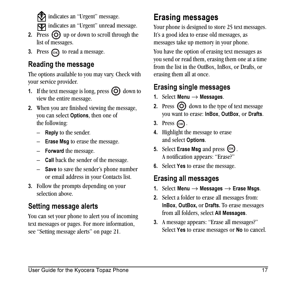 Erasing messages, Reading the message, Setting message alerts | Erasing single messages, Erasing all messages | Kyocera Topaz 901 User Manual | Page 23 / 40