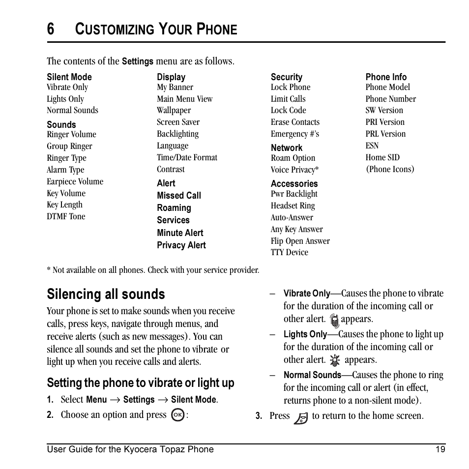 Silencing all sounds, Ustomizing, Hone | Setting the phone to vibrate or light up | Kyocera Topaz 901 User Manual | Page 25 / 40
