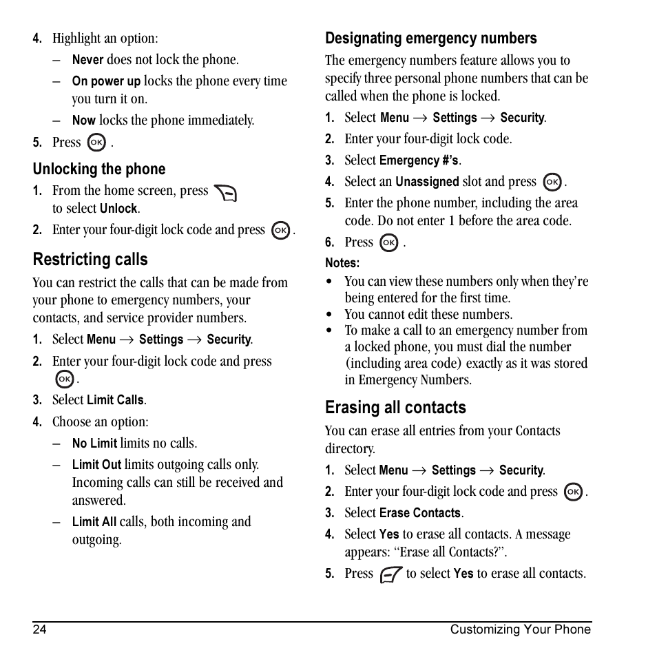 Restricting calls, Erasing all contacts | Kyocera Topaz 901 User Manual | Page 30 / 40