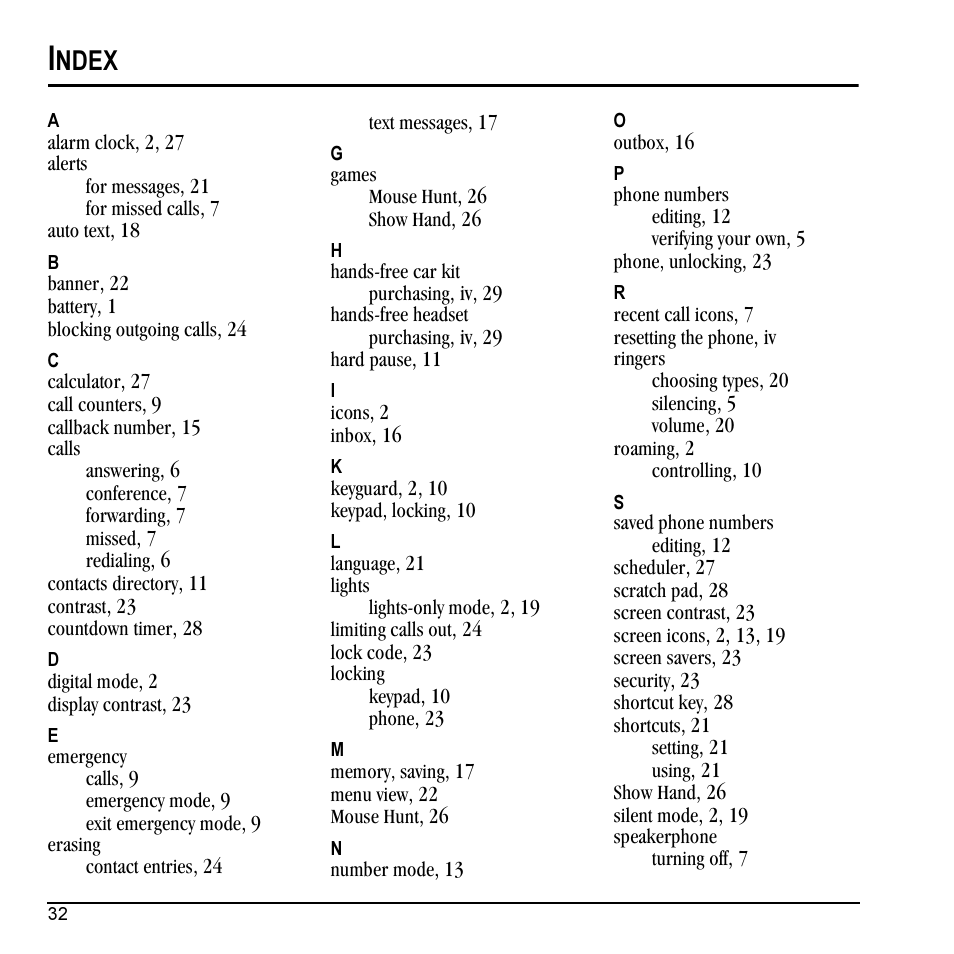 Ndex | Kyocera Topaz 901 User Manual | Page 38 / 40