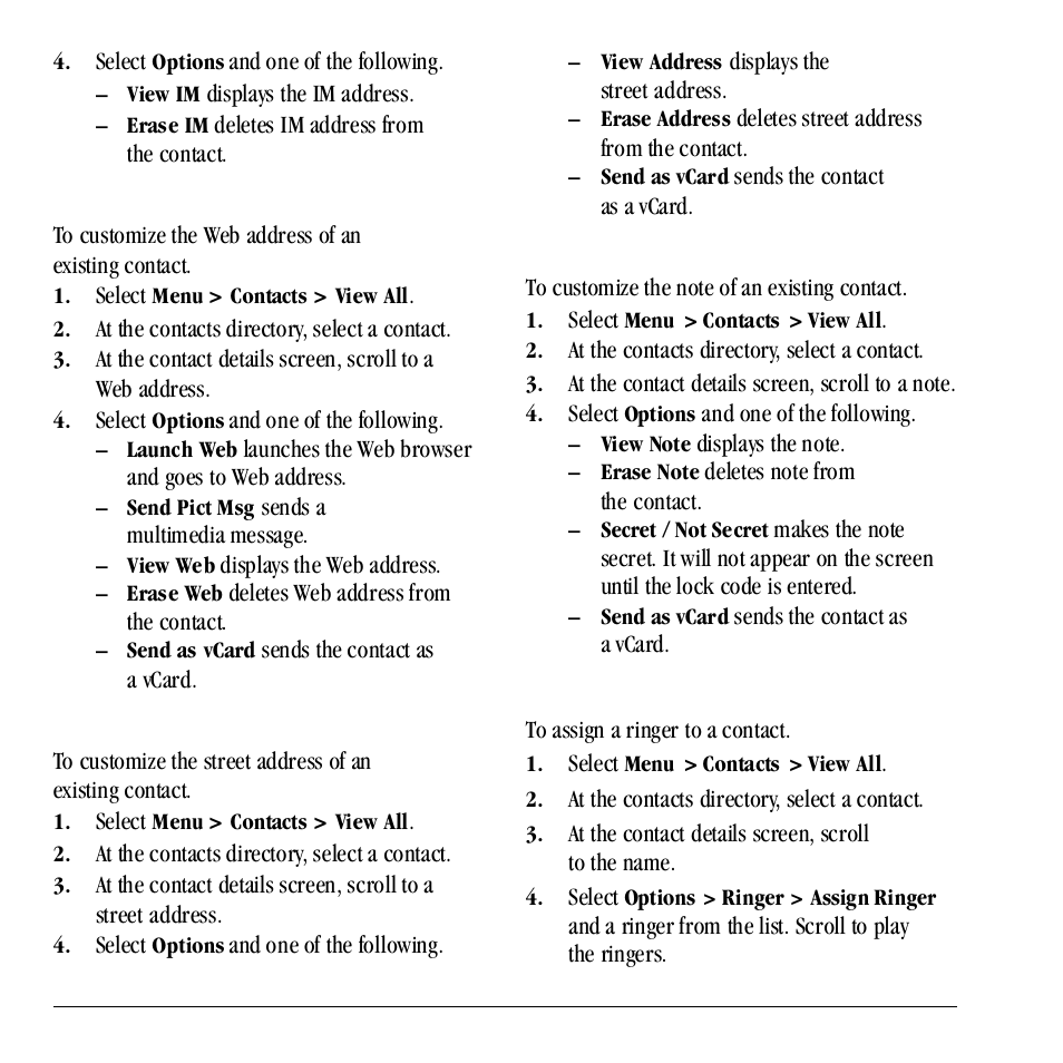 Customize a web address, Customize a street address, Assign ringer to a contact | Kyocera Neo E1100 User Manual | Page 28 / 89