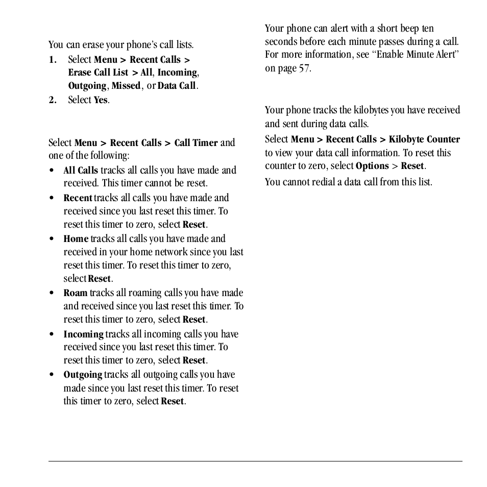 View call timers, View data counter, Erase call lists | Kyocera Neo E1100 User Manual | Page 47 / 89