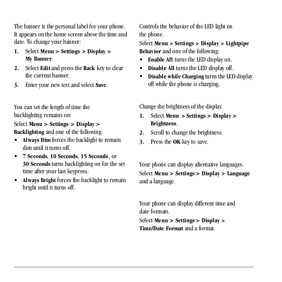 Set my banner, Set backlight duration, Set light pipe behavior | Set brightness, Set language, Set time and date format | Kyocera Neo E1100 User Manual | Page 54 / 89