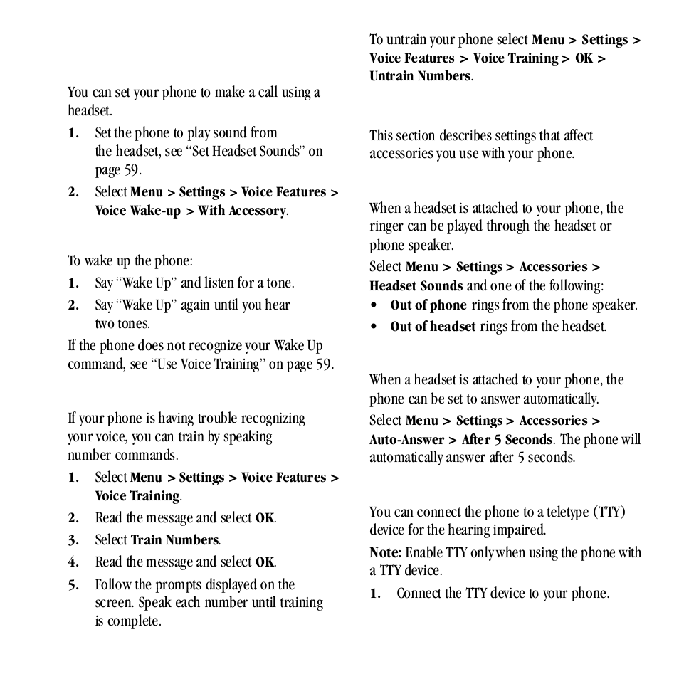 Accessories, Voice wake-up, Use voice training | Set headset sounds, Enable auto-answer, Enable tty | Kyocera Neo E1100 User Manual | Page 59 / 89