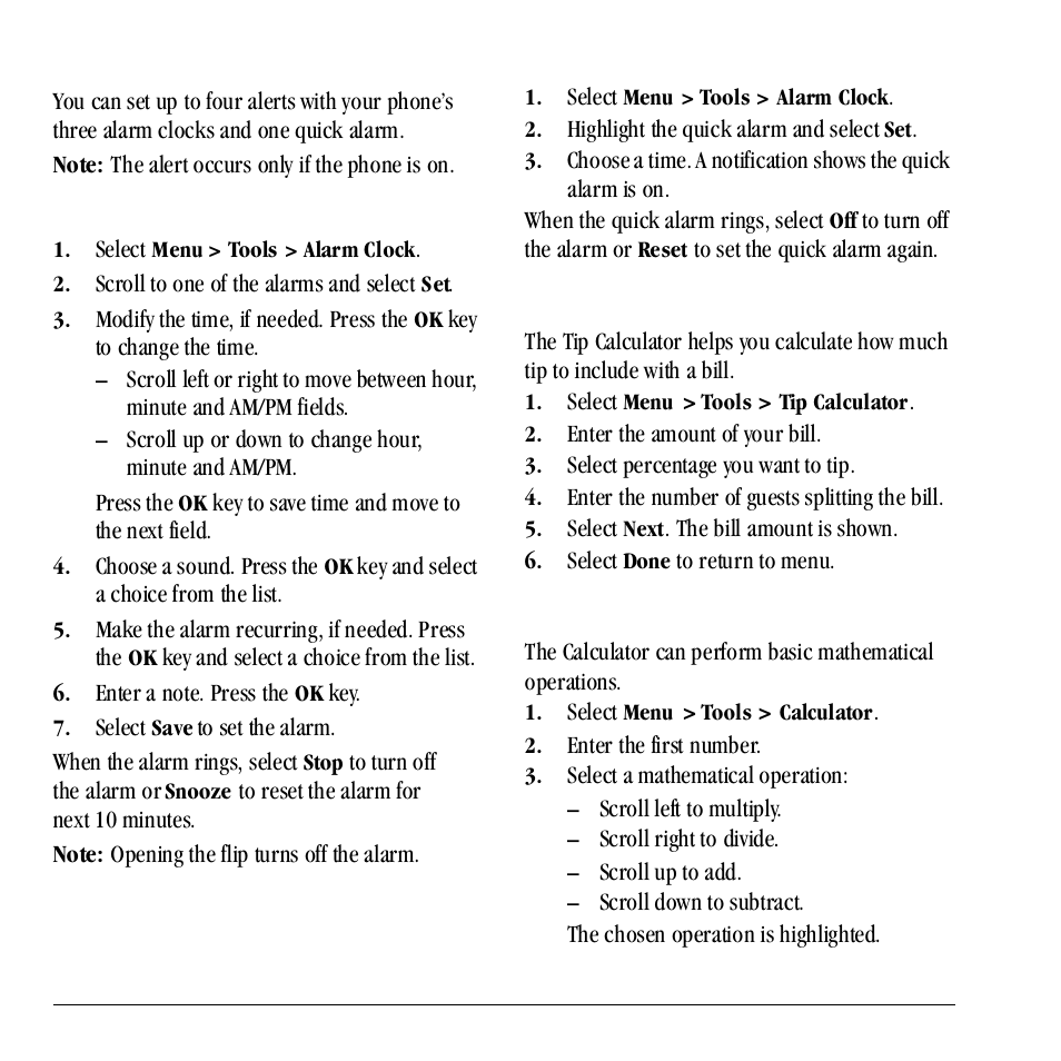 Alarm clock, Use tip calculator, Use calculator | Set an alarm, Set the quick alarm | Kyocera Neo E1100 User Manual | Page 68 / 89