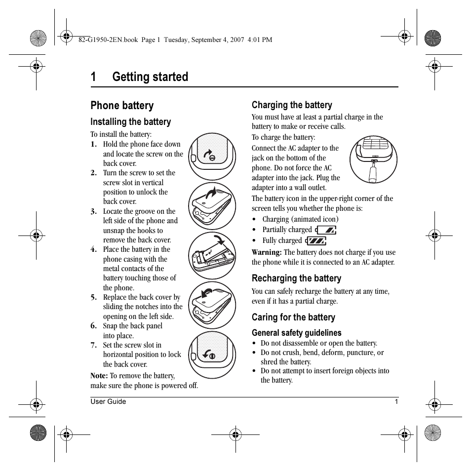 1getting started, Phone battery | Kyocera Wild Card User Manual | Page 9 / 80