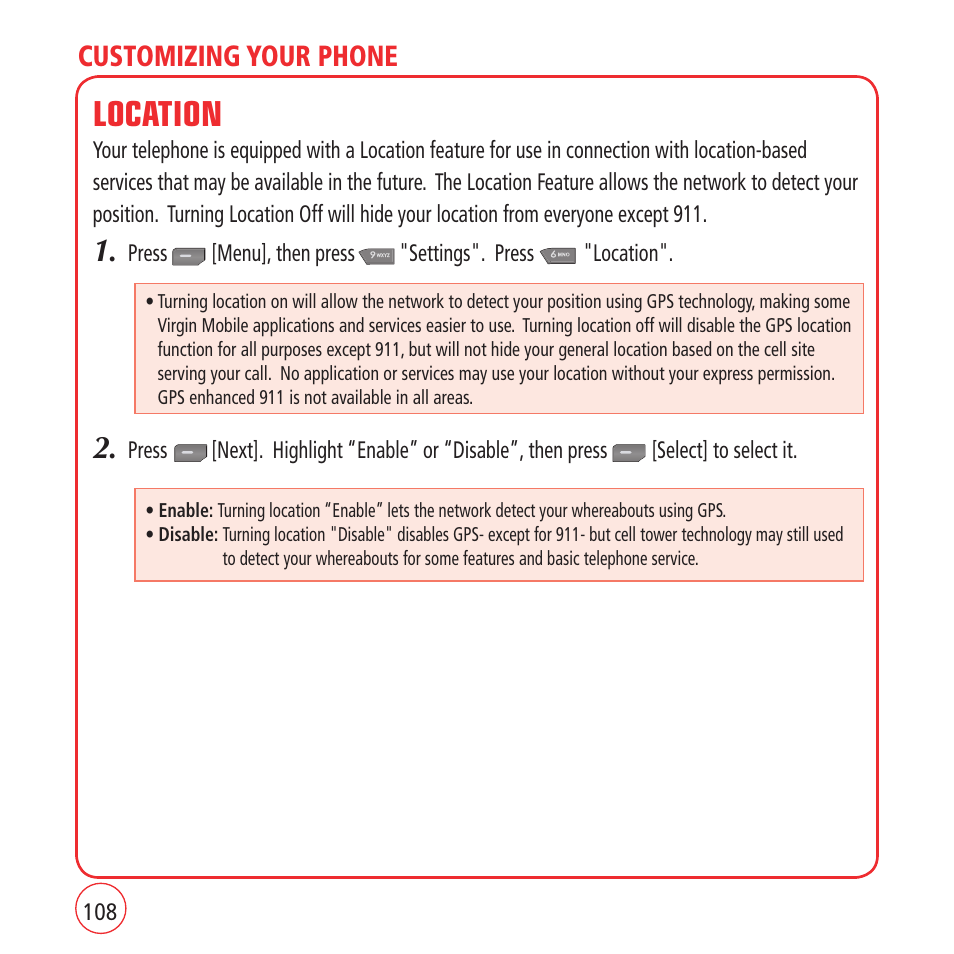 Location, Customizing your phone | Kyocera VM1450 User Manual | Page 108 / 148