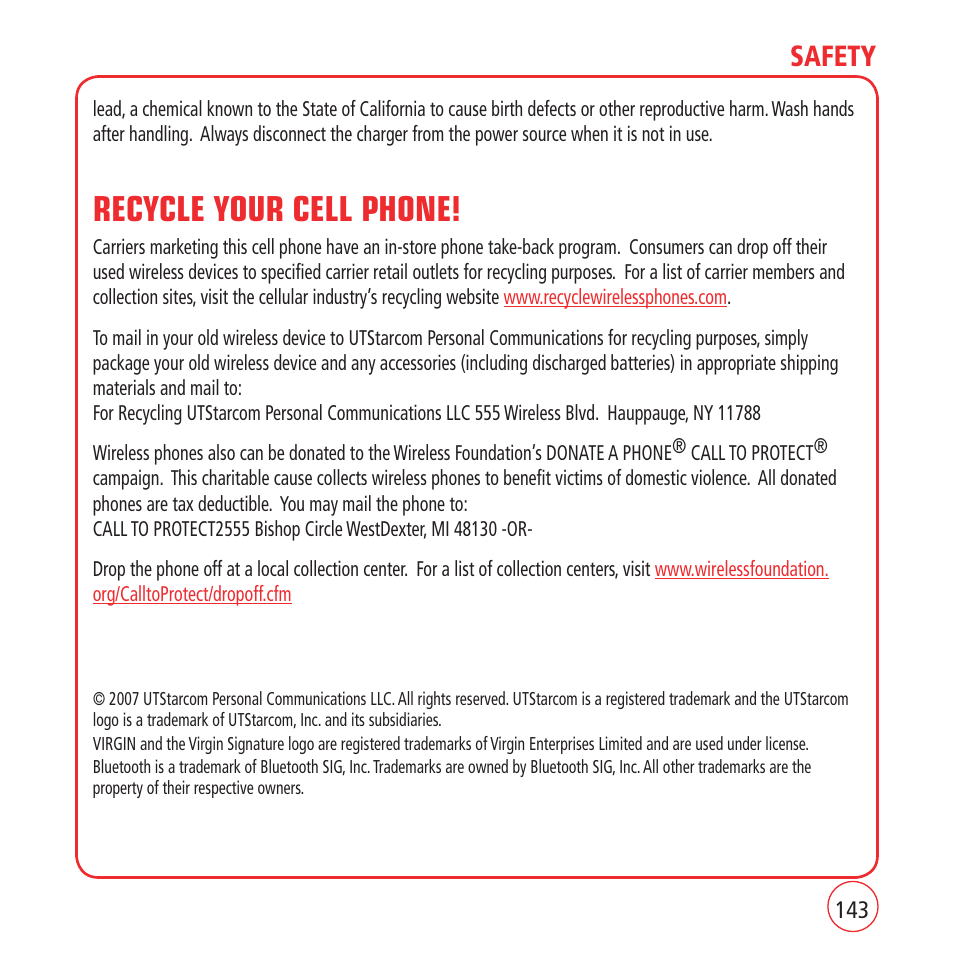 Recycle your cell phone, Safety | Kyocera VM1450 User Manual | Page 143 / 148