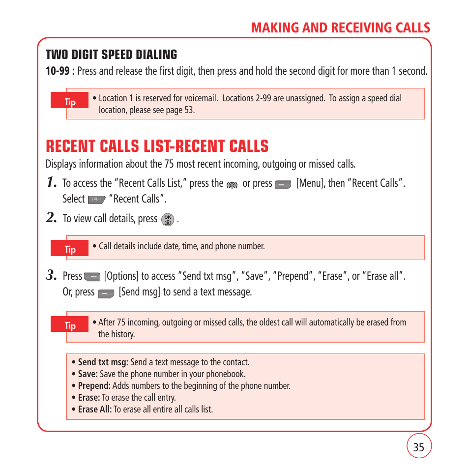 Recent calls list-recent calls, Making and receiving calls | Kyocera VM1450 User Manual | Page 35 / 148