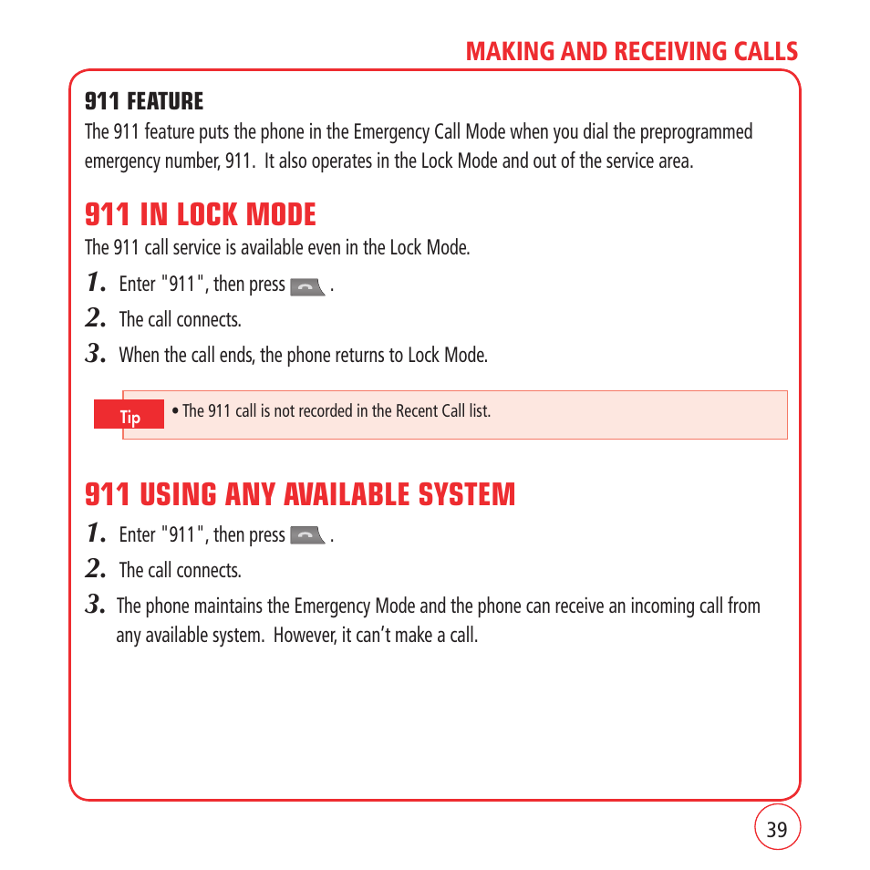 911 in lock mode, 911 using any available system | Kyocera VM1450 User Manual | Page 39 / 148