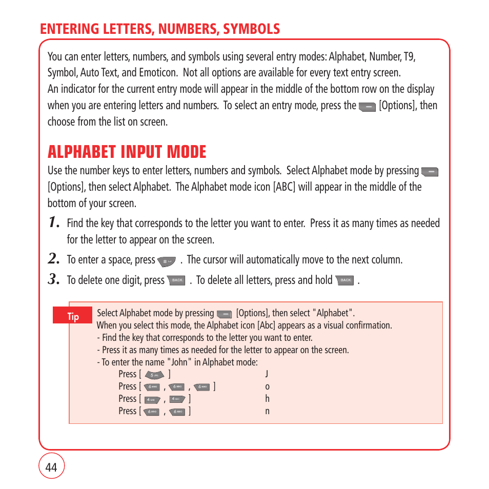 Alphabet input mode, Entering letters, numbers, symbols | Kyocera VM1450 User Manual | Page 44 / 148