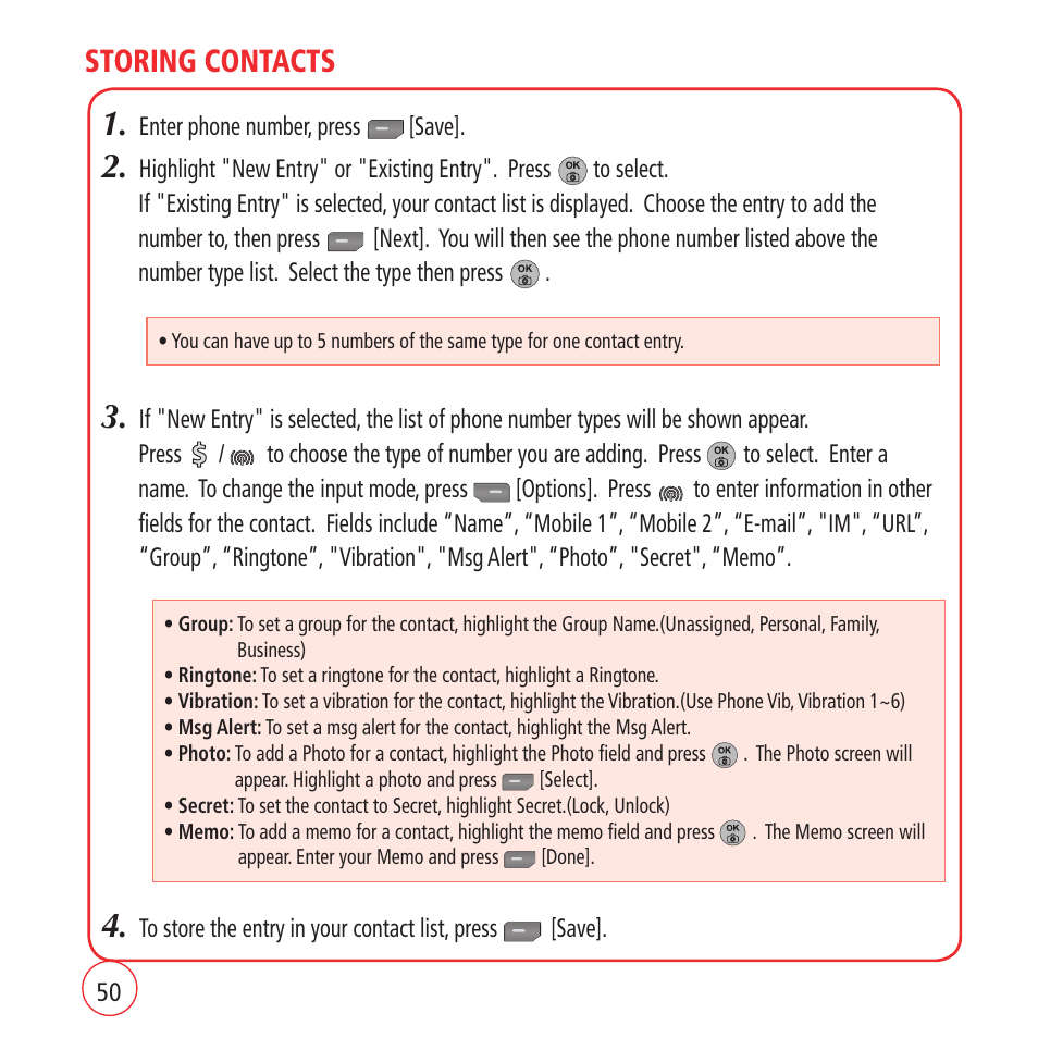 Storing contacts | Kyocera VM1450 User Manual | Page 50 / 148