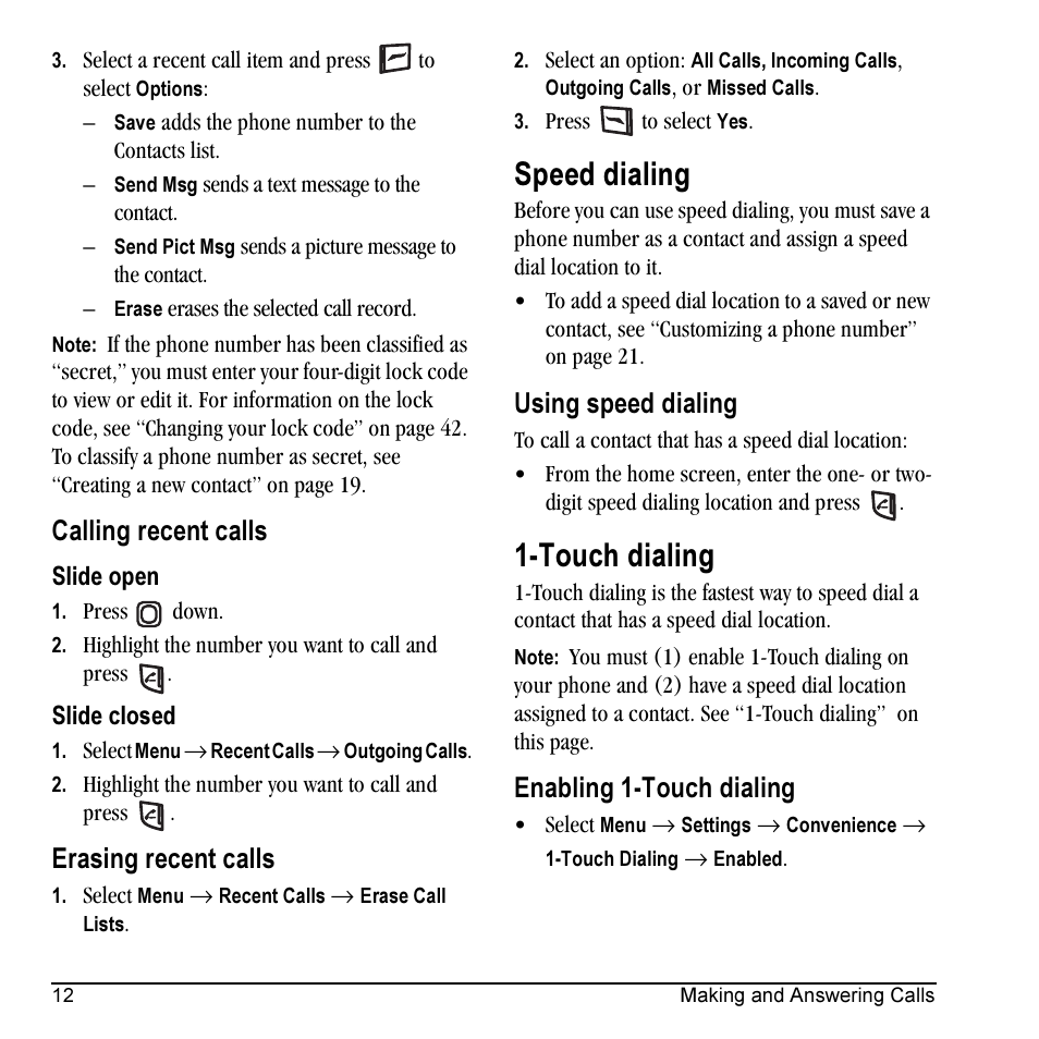 Speed dialing, Touch dialing, Calling recent calls | Erasing recent calls, Using speed dialing, Enabling 1-touch dialing | Kyocera KX5 User Manual | Page 20 / 80