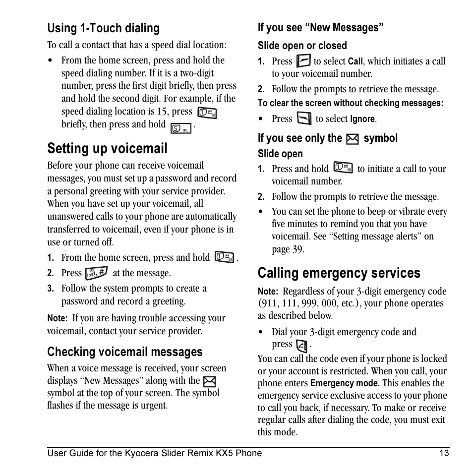 Setting up voicemail, Calling emergency services, Using 1-touch dialing | Checking voicemail messages | Kyocera KX5 User Manual | Page 21 / 80