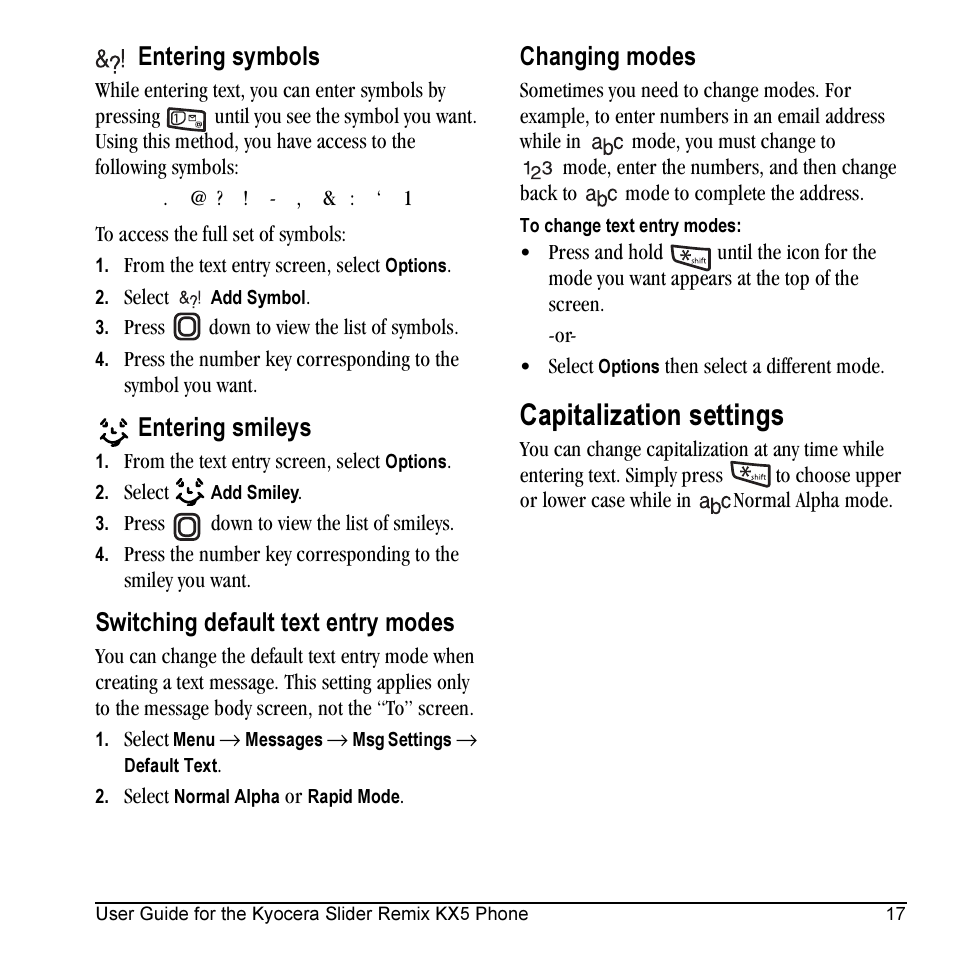 Capitalization settings, Entering symbols, Entering smileys | Switching default text entry modes, Changing modes | Kyocera KX5 User Manual | Page 25 / 80