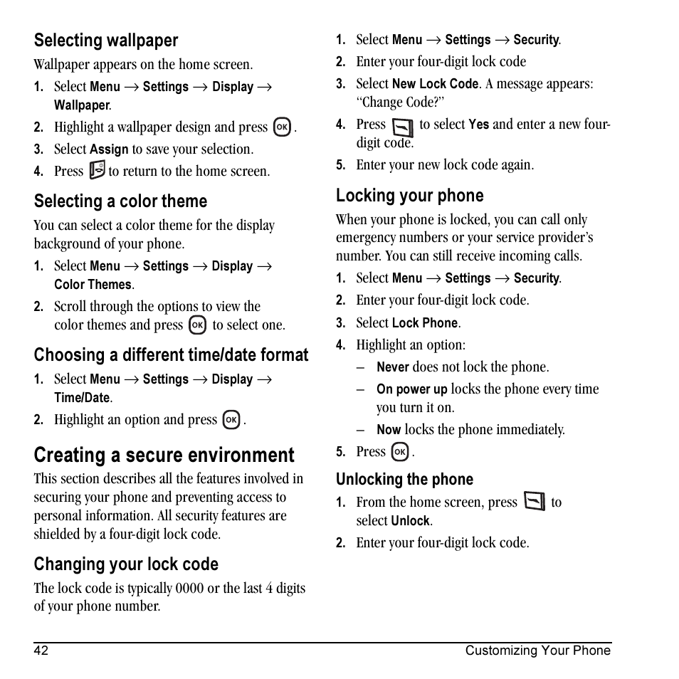 Creating a secure environment, Selecting wallpaper, Selecting a color theme | Choosing a different time/date format, Changing your lock code, Locking your phone | Kyocera KX5 User Manual | Page 50 / 80