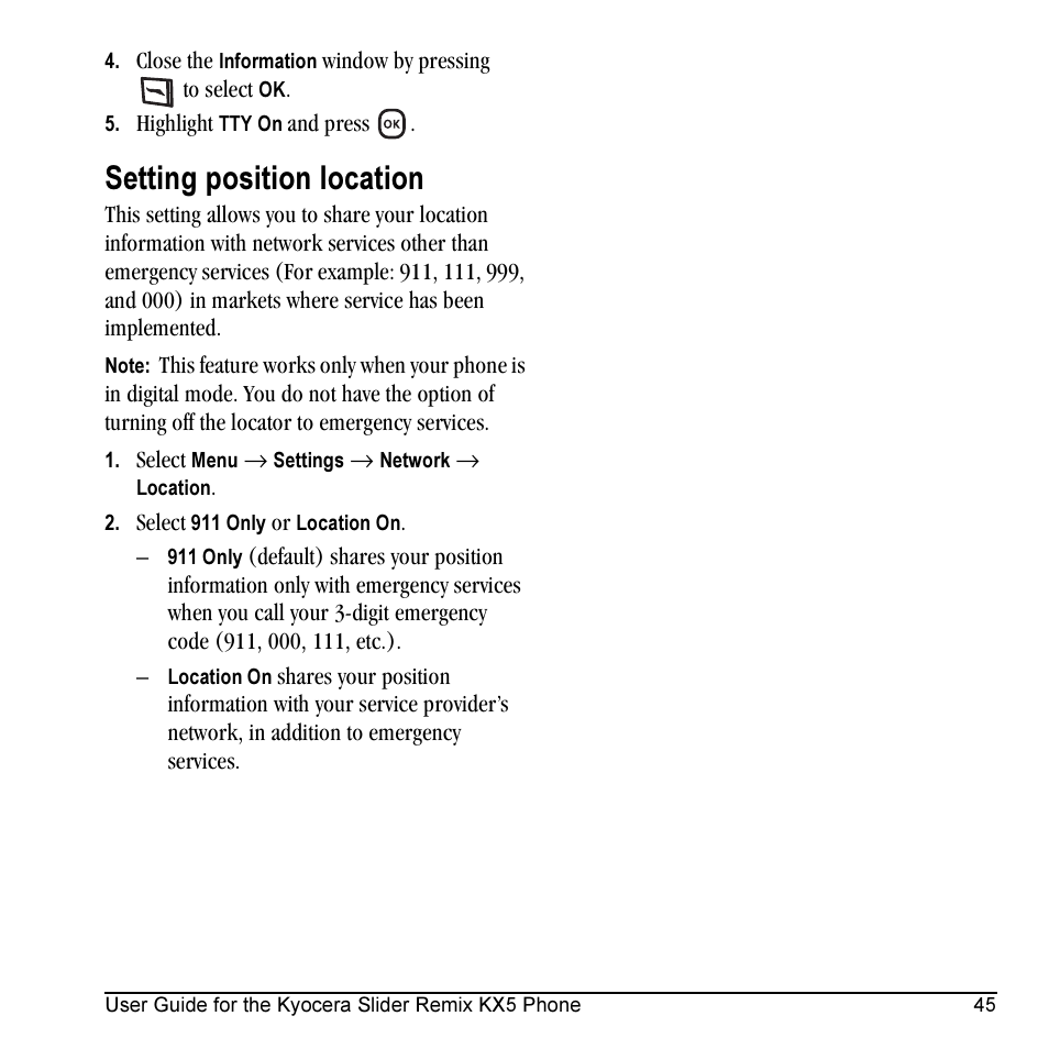 Setting position location | Kyocera KX5 User Manual | Page 53 / 80