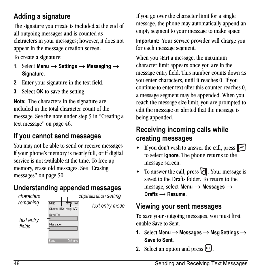 Adding a signature, If you cannot send messages, Understanding appended messages | Receiving incoming calls while creating messages, Viewing your sent messages | Kyocera KX5 User Manual | Page 56 / 80