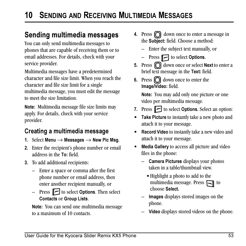 10 s, Sending multimedia messages, Ending | Eceiving, Ultimedia, Essages, Creating a multimedia message | Kyocera KX5 User Manual | Page 61 / 80