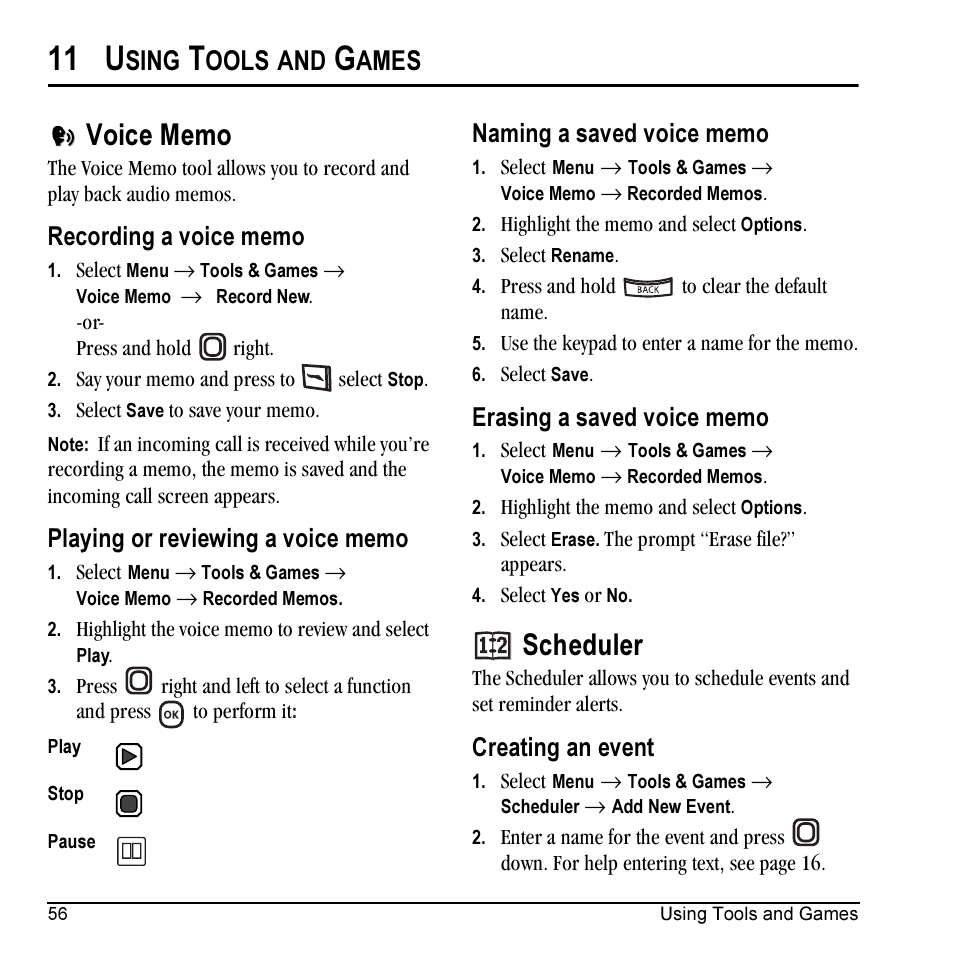 11 u, Scheduler, Sing | Ools, Ames, Creating an event | Kyocera KX5 User Manual | Page 64 / 80