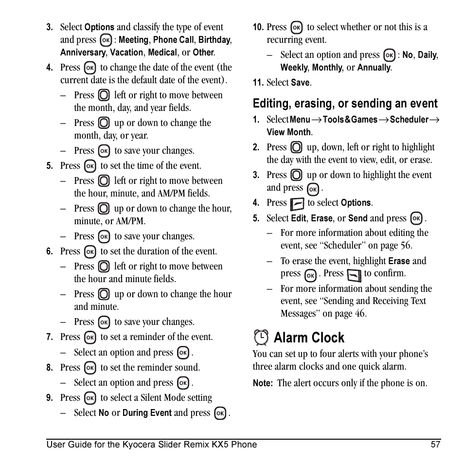 Alarm clock, Editing, erasing, or sending an event | Kyocera KX5 User Manual | Page 65 / 80