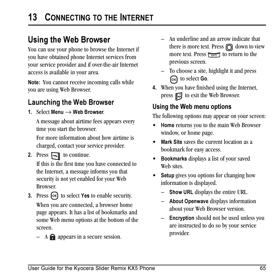 13 c, Using the web browser, Onnecting | Nternet, Launching the web browser | Kyocera KX5 User Manual | Page 73 / 80