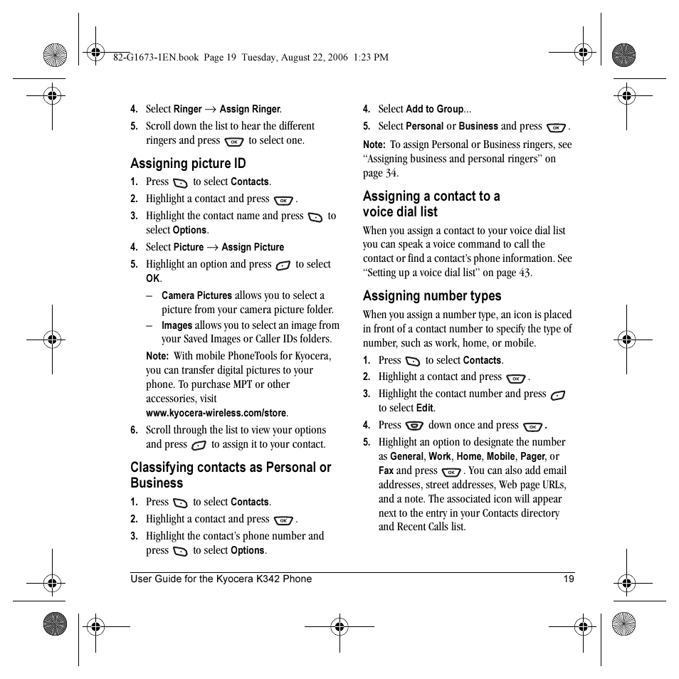 Assigning picture id, Classifying contacts as personal or business, Assigning a contact to a voice dial list | Assigning number types | Kyocera K342 User Manual | Page 25 / 80