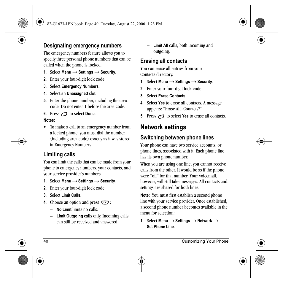 Network settings, Designating emergency numbers, Limiting calls | Erasing all contacts, Switching between phone lines | Kyocera K342 User Manual | Page 46 / 80