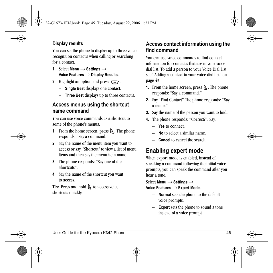 Enabling expert mode, Access menus using the shortcut name command, Access contact information using the find command | Kyocera K342 User Manual | Page 51 / 80