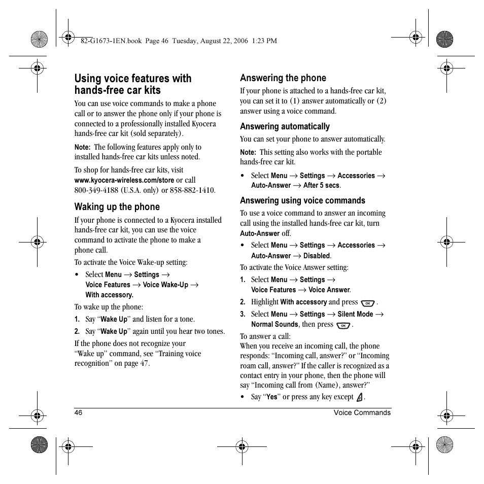 Using voice features with hands-free car kits, Waking up the phone, Answering the phone | Kyocera K342 User Manual | Page 52 / 80