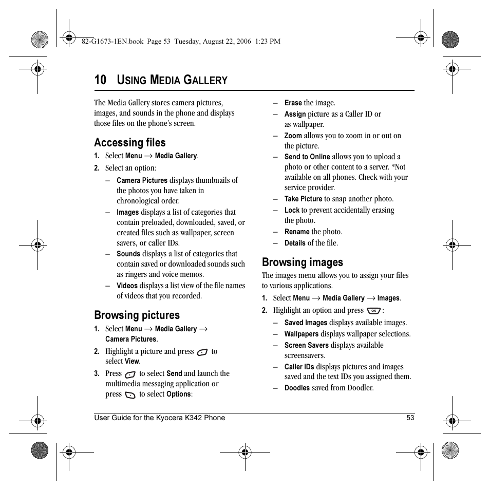 10 u, Accessing files, Browsing pictures | Browsing images, Sing, Edia, Allery | Kyocera K342 User Manual | Page 59 / 80