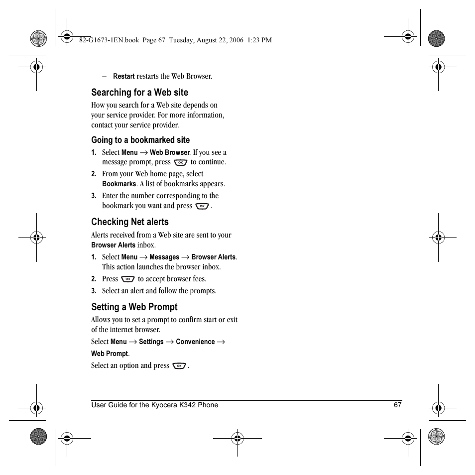 Searching for a web site, Checking net alerts, Setting a web prompt | Kyocera K342 User Manual | Page 73 / 80
