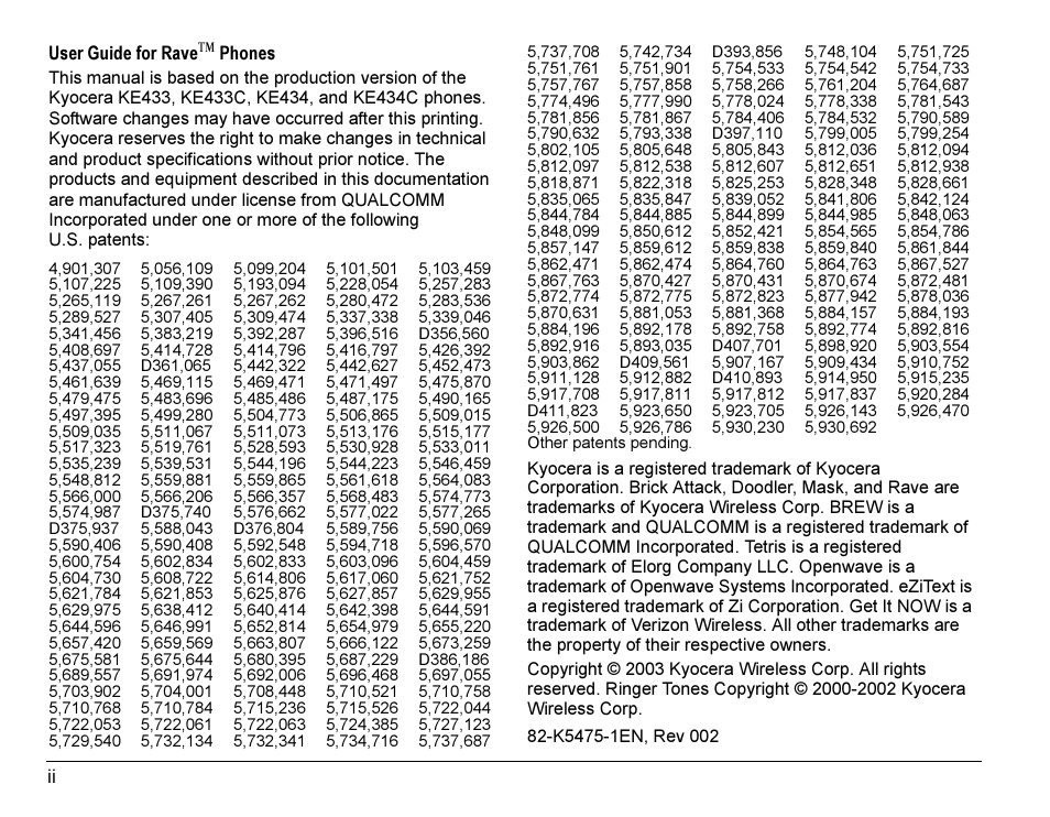 Kyocera Rave KE433 User Manual | Page 2 / 64