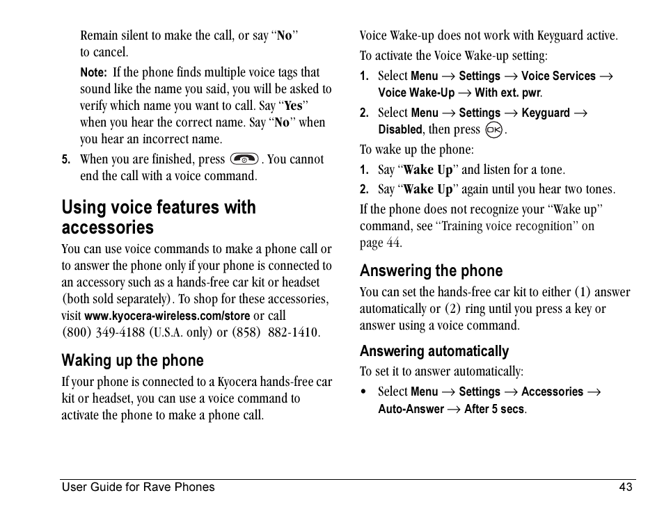 Using voice features with accessories, Waking up the phone, Answering the phone | Kyocera Rave KE433 User Manual | Page 51 / 64