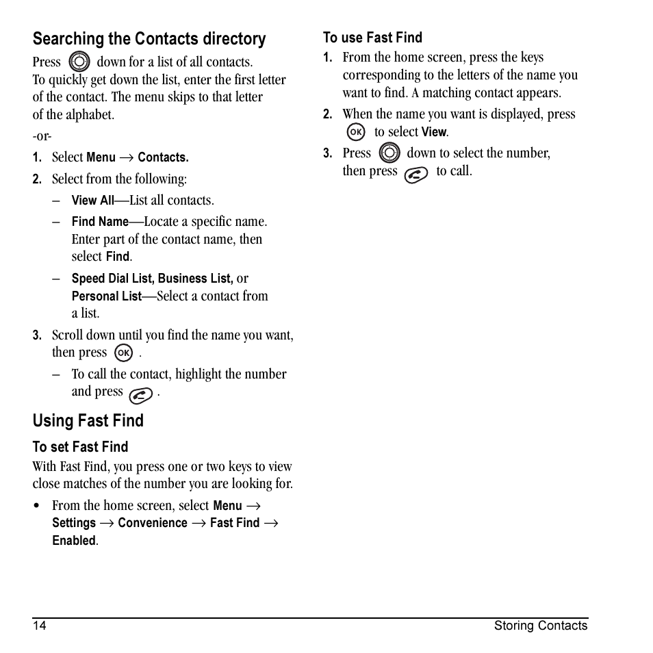 Searching the contacts directory, Using fast find | Kyocera Prisma KX17 User Manual | Page 22 / 48