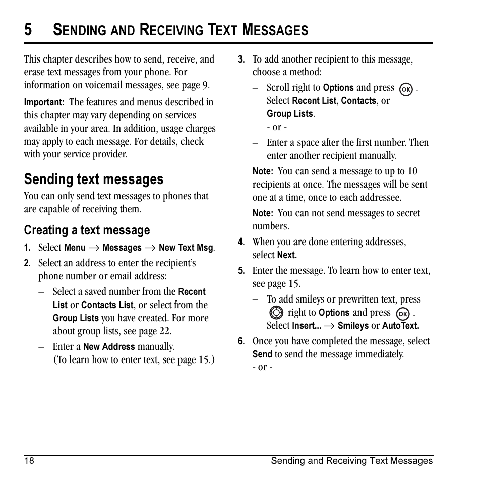 Sending text messages, Ending, Eceiving | Essages, Creating a text message | Kyocera Prisma KX17 User Manual | Page 26 / 48