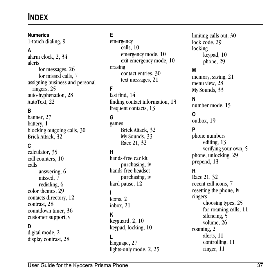 Ndex | Kyocera Prisma KX17 User Manual | Page 45 / 48