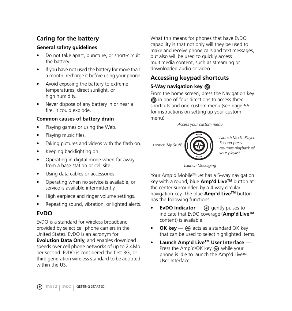 Caring for the battery, Evdo, Accessing keypad shortcuts | Kyocera Jet KX18 User Manual | Page 10 / 95