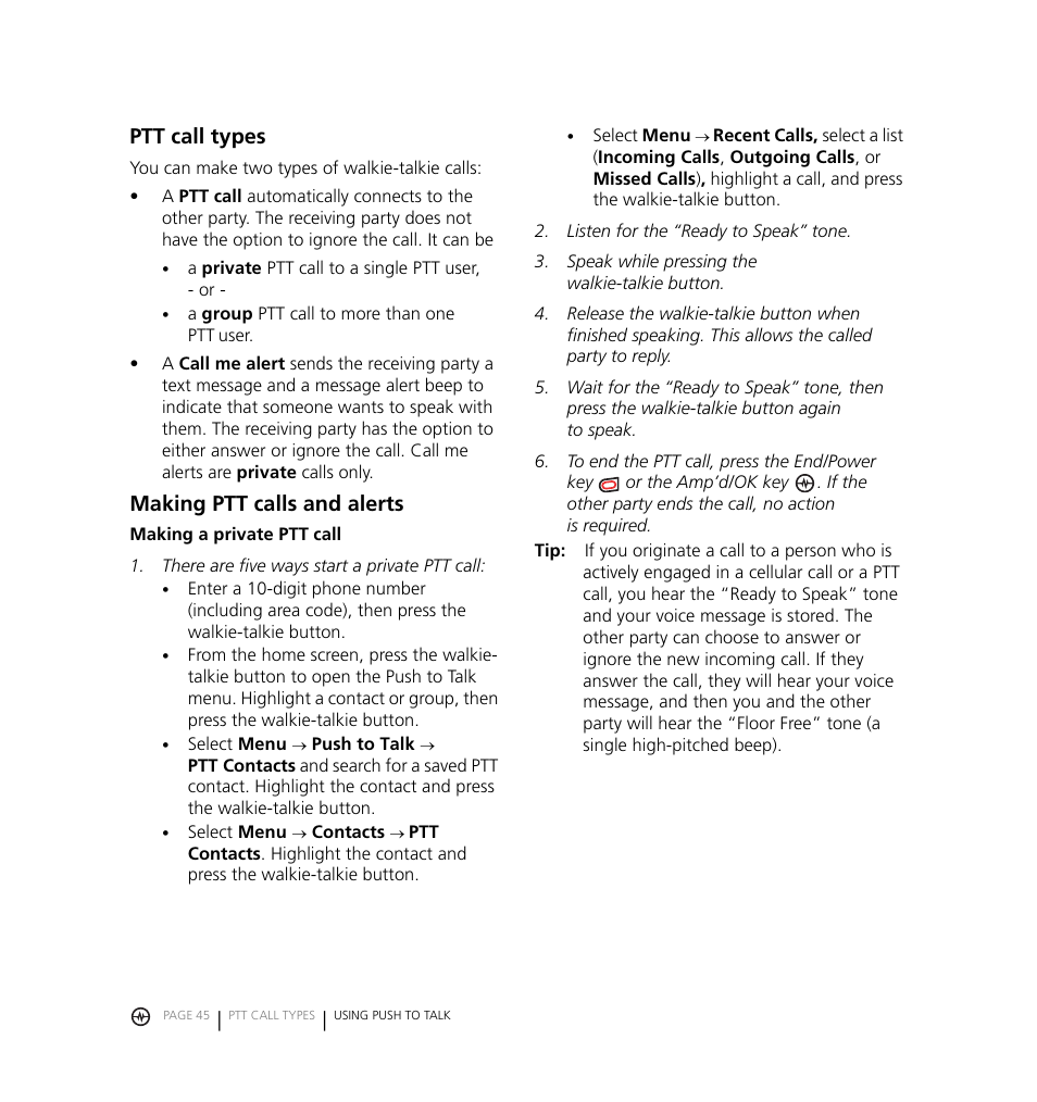 Ptt call types, Making ptt calls and alerts | Kyocera Jet KX18 User Manual | Page 53 / 95