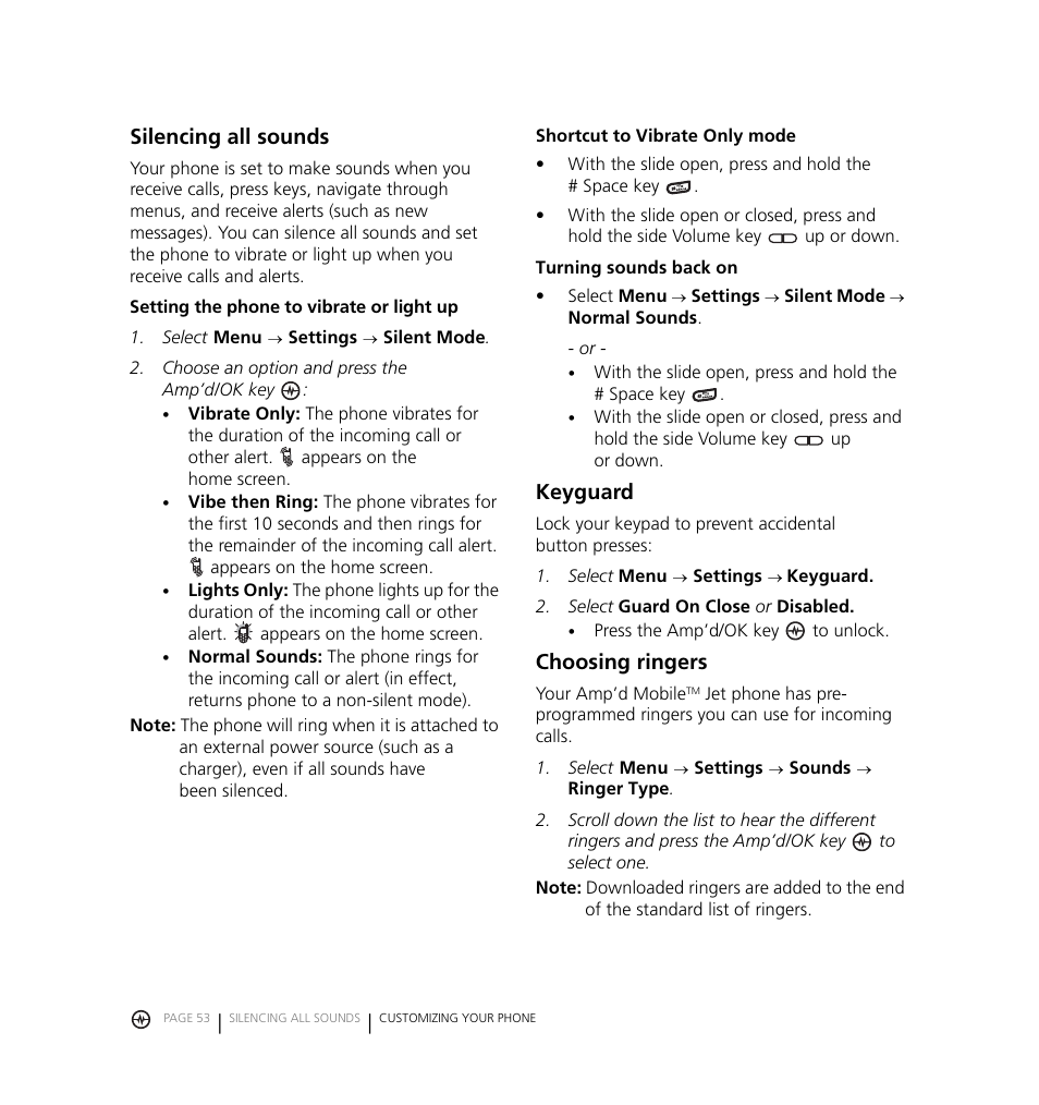 Silencing all sounds, Keyguard, Choosing ringers | Kyocera Jet KX18 User Manual | Page 61 / 95